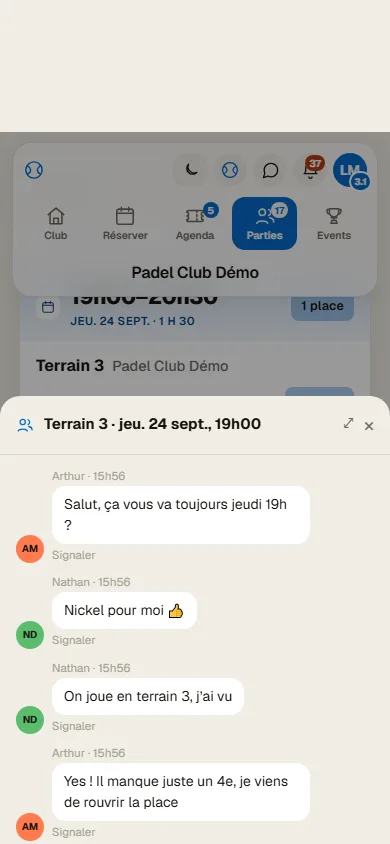 Le fil de discussion d'une partie ouverte, entre les joueurs inscrits.